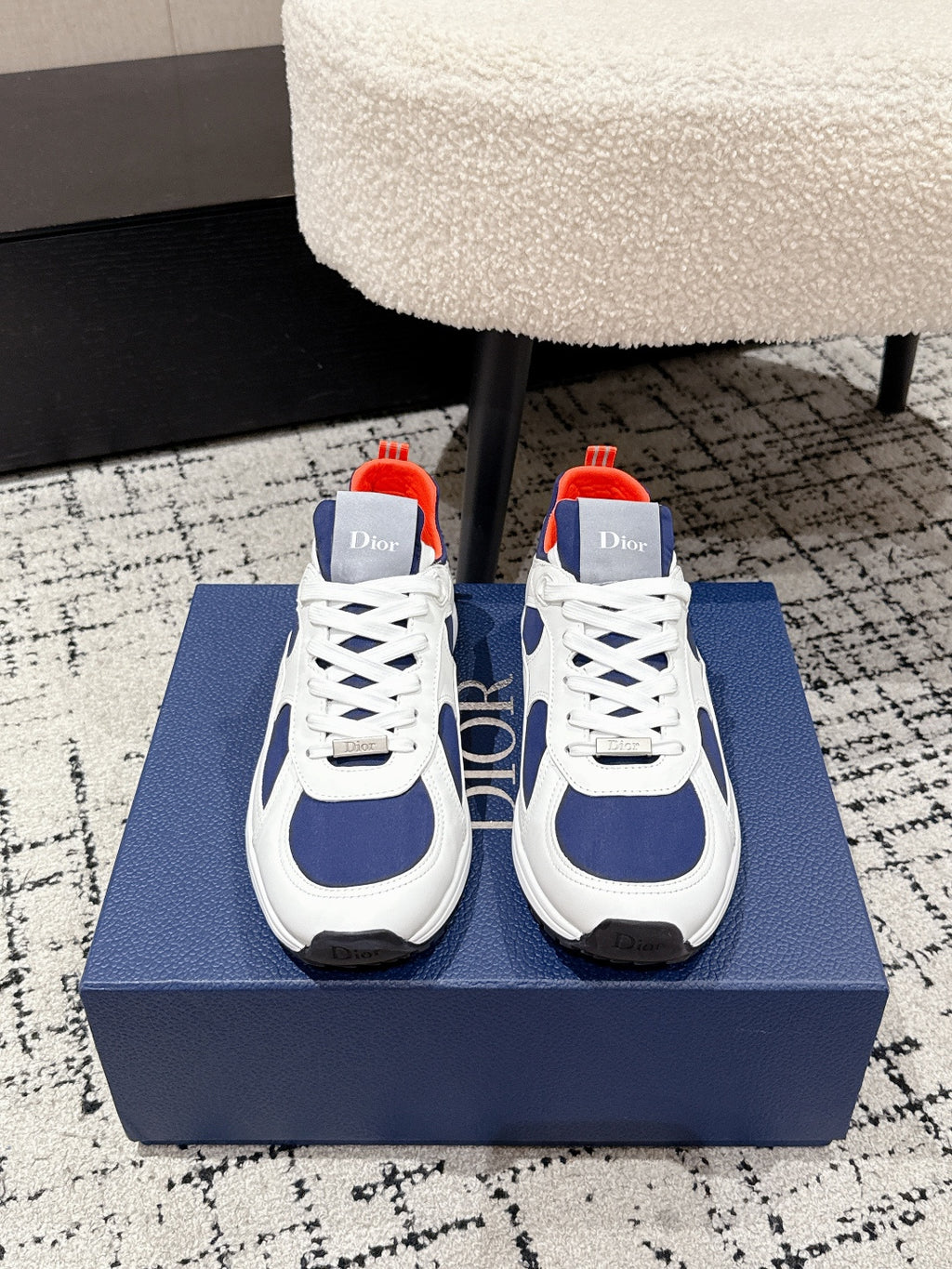 Unisex low-top sneakers, white leather with navy panels, red collar lining, Dior branding