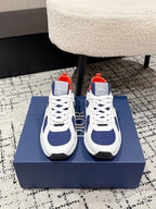 Unisex low-top sneakers, white leather with navy panels, red collar lining, Dior branding