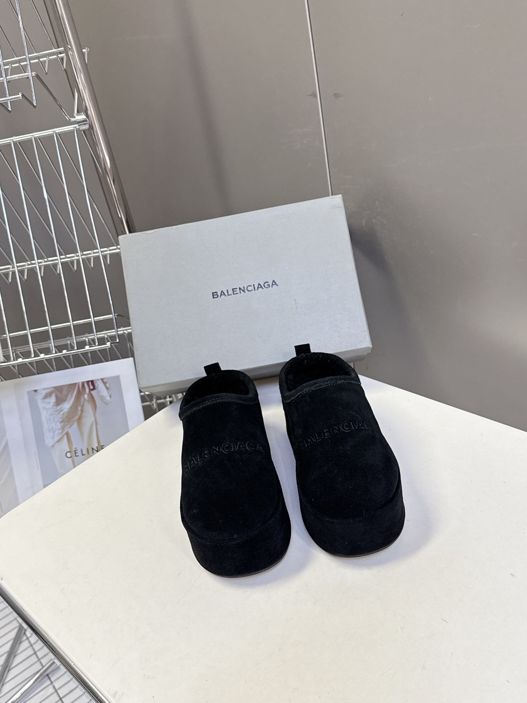 Balenciaga black suede slip-on sandals, round toe and low profile pair