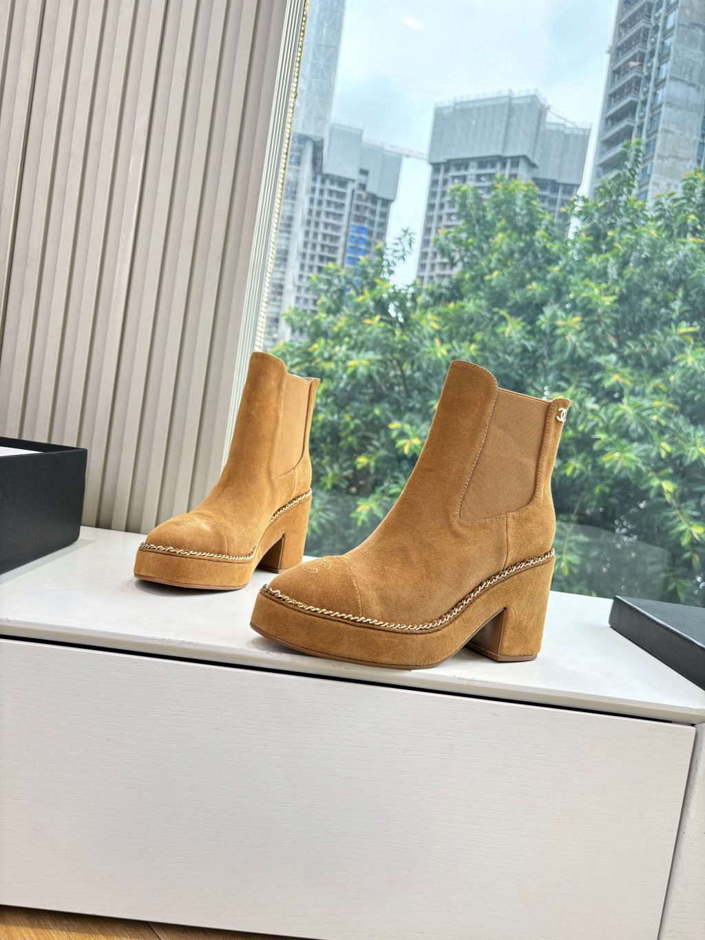 Chanel tan suede ankle boots with side gore, chain trim, block heel