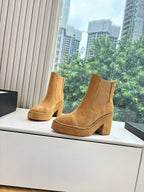 Chanel tan suede ankle boots with side gore, chain trim, block heel