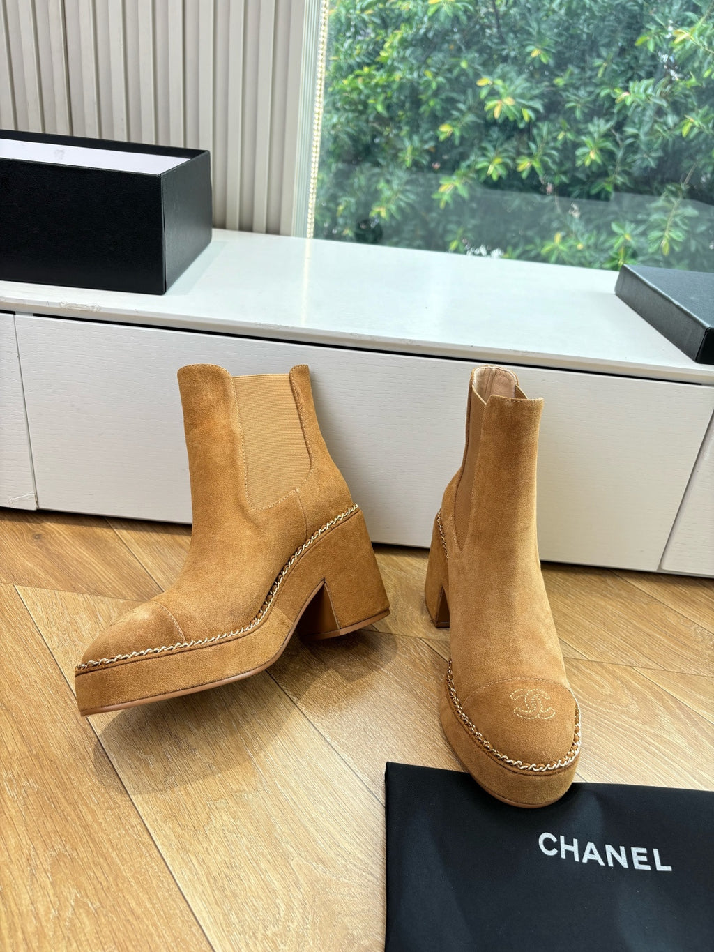 Chanel tan suede ankle boots with side gore, chain trim, block heel