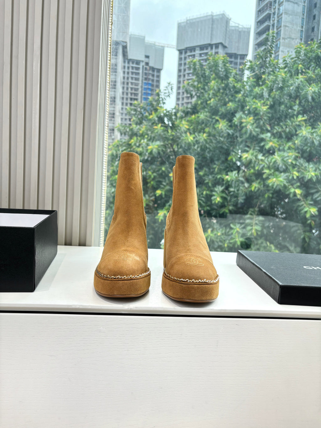 Chanel suede ankle boots, tan with chain trim and stitched toe, stacked heel