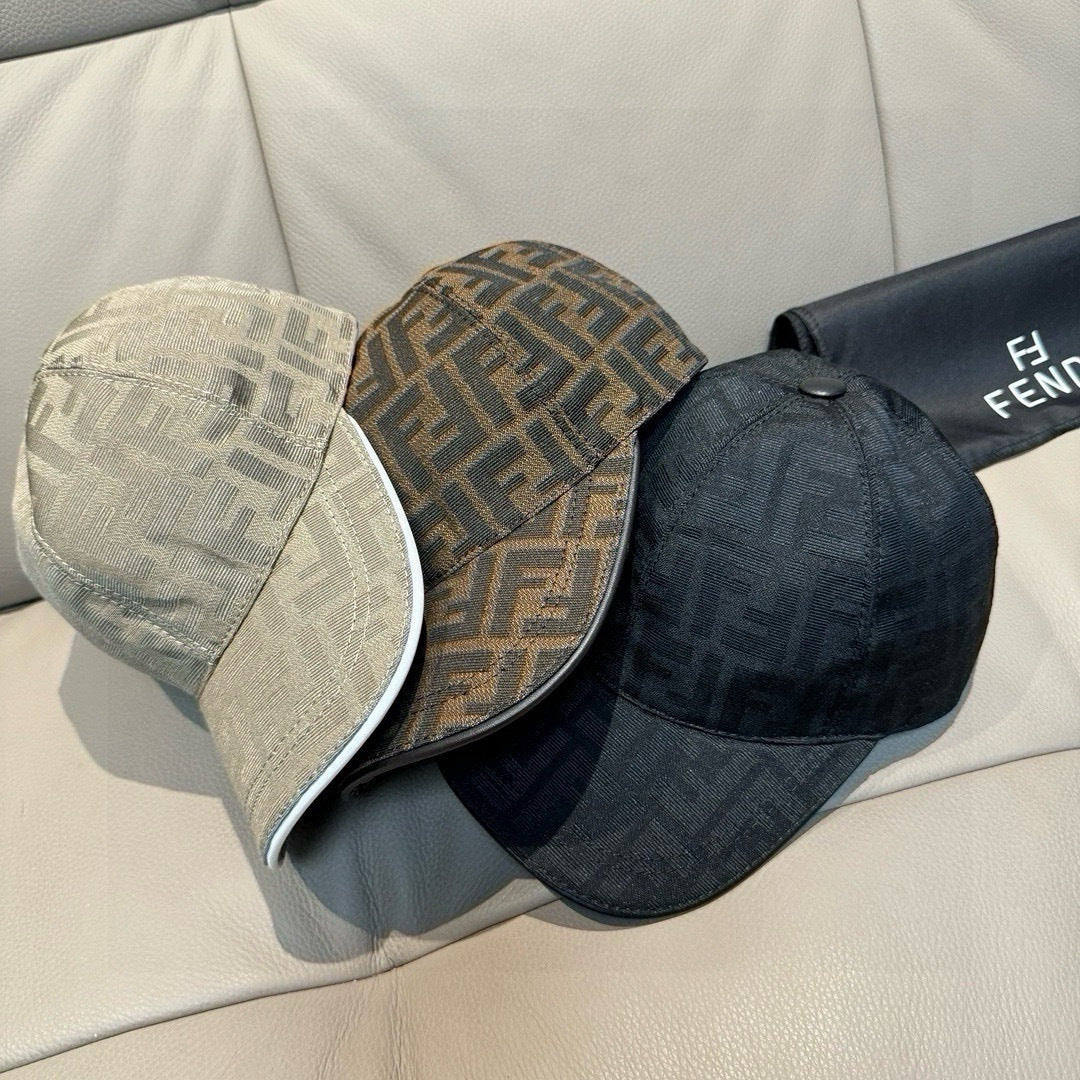 Set of three Fendi caps with FF patterns in beige, brown, and dark navy
