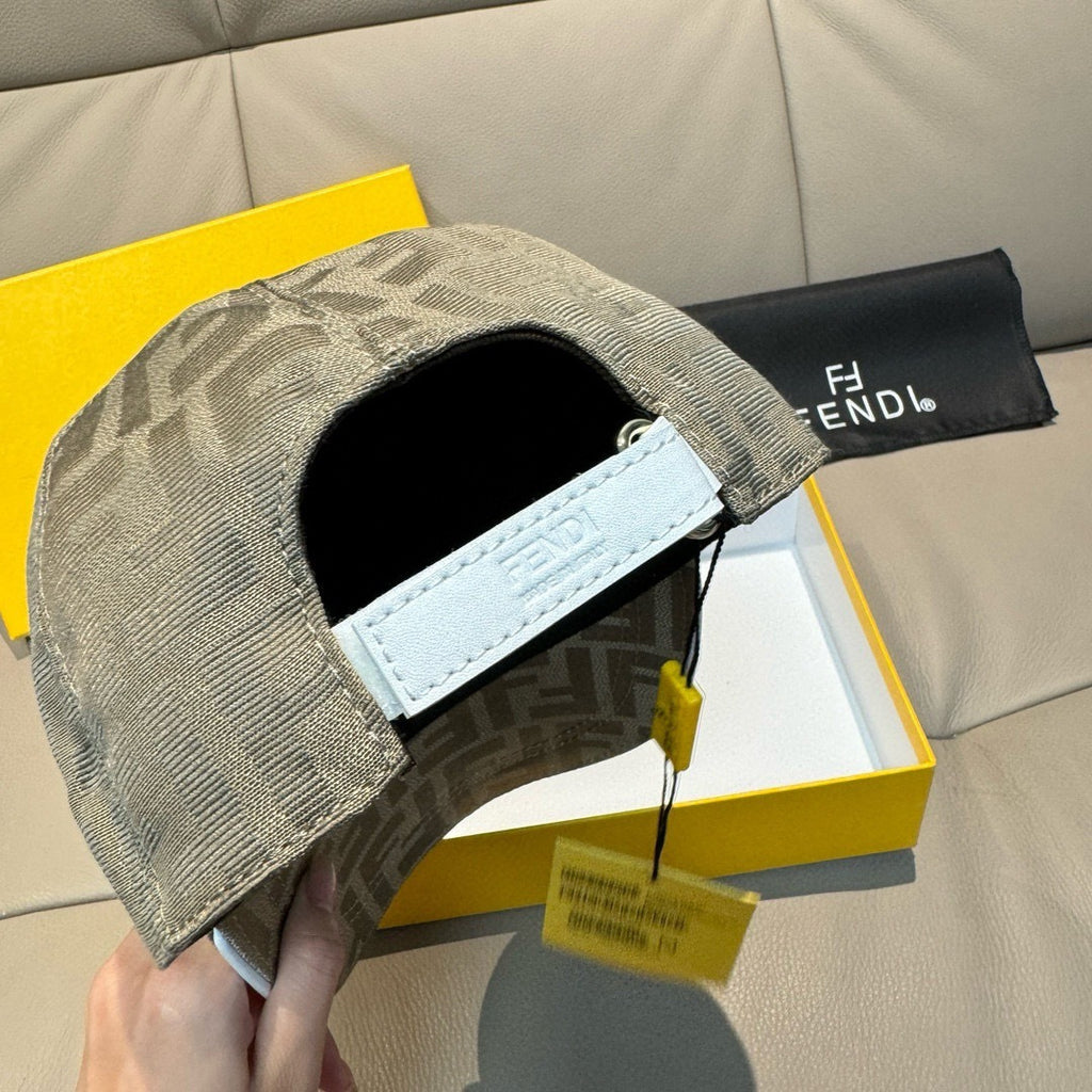 Fendi logo baseball cap with light gray FF pattern, black interior, and light trim