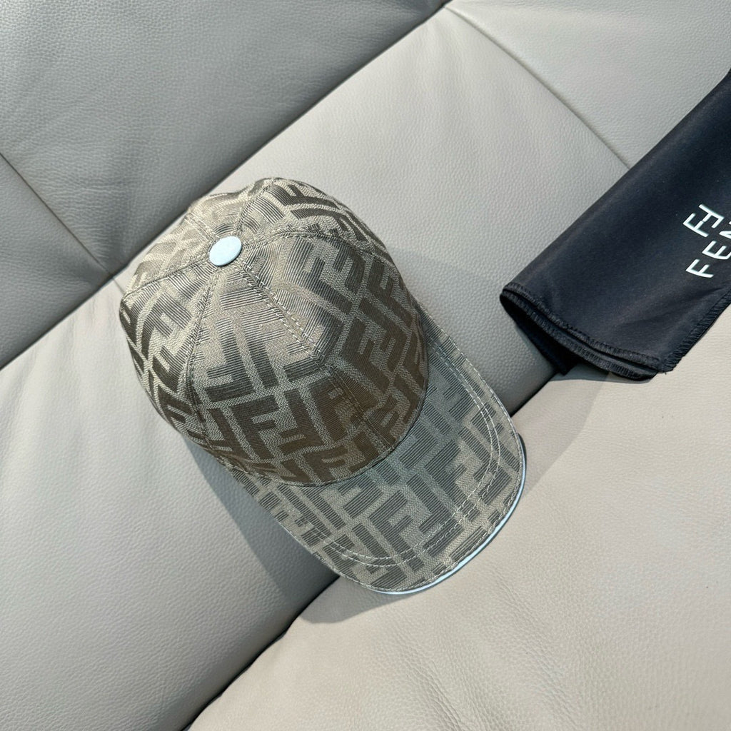 Fendi logo baseball cap, light gray FF pattern with stitched eyelet and curved brim