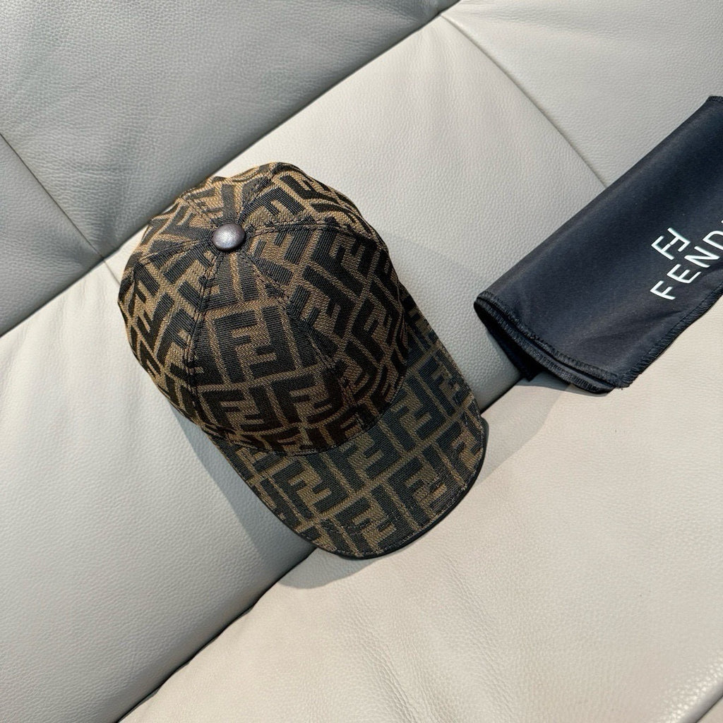 Fendi monogram baseball cap in dark brown and tan FF print with button top