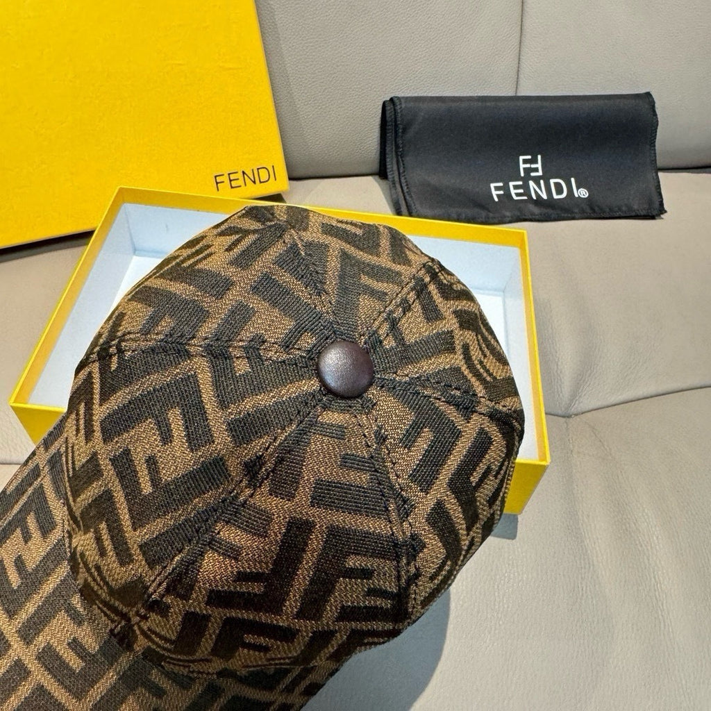 Fendi monogram cap in brown and tan FF pattern with button detail