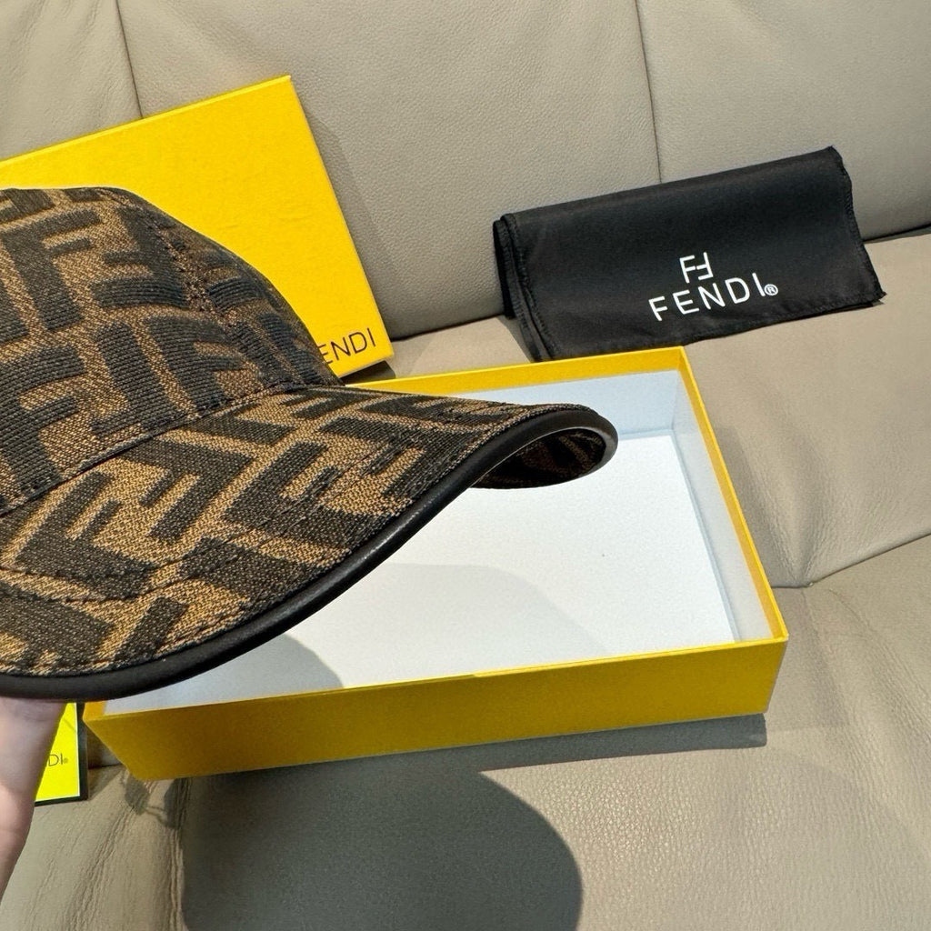Fendi monogram cap with brown and tan FF pattern and curved brim view