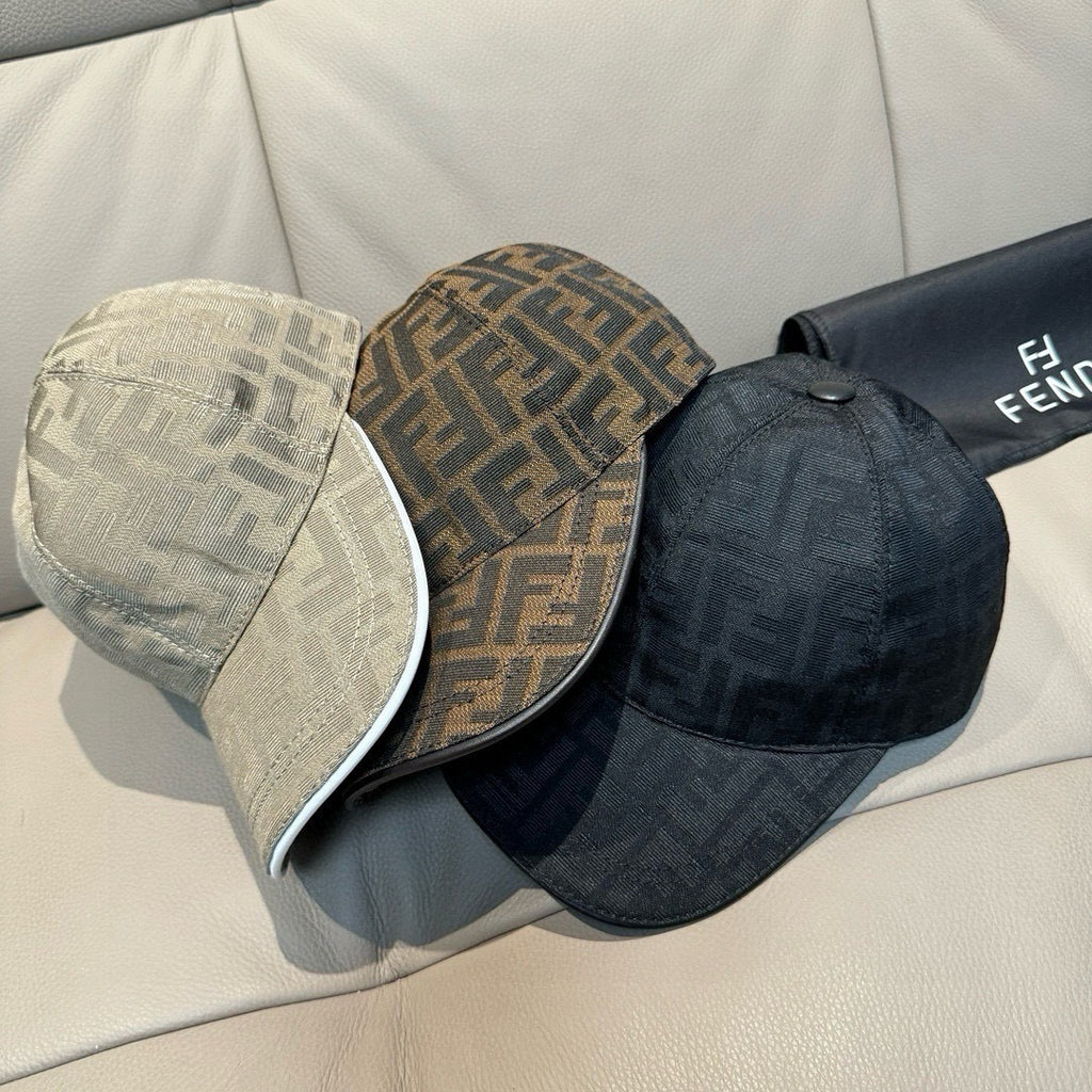 Fendi caps set of three: light beige, brown FF, and dark navy fabric hats