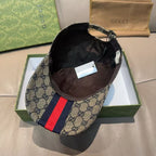 Gucci baseball cap with GG logo pattern and navy red green stripe on brim
