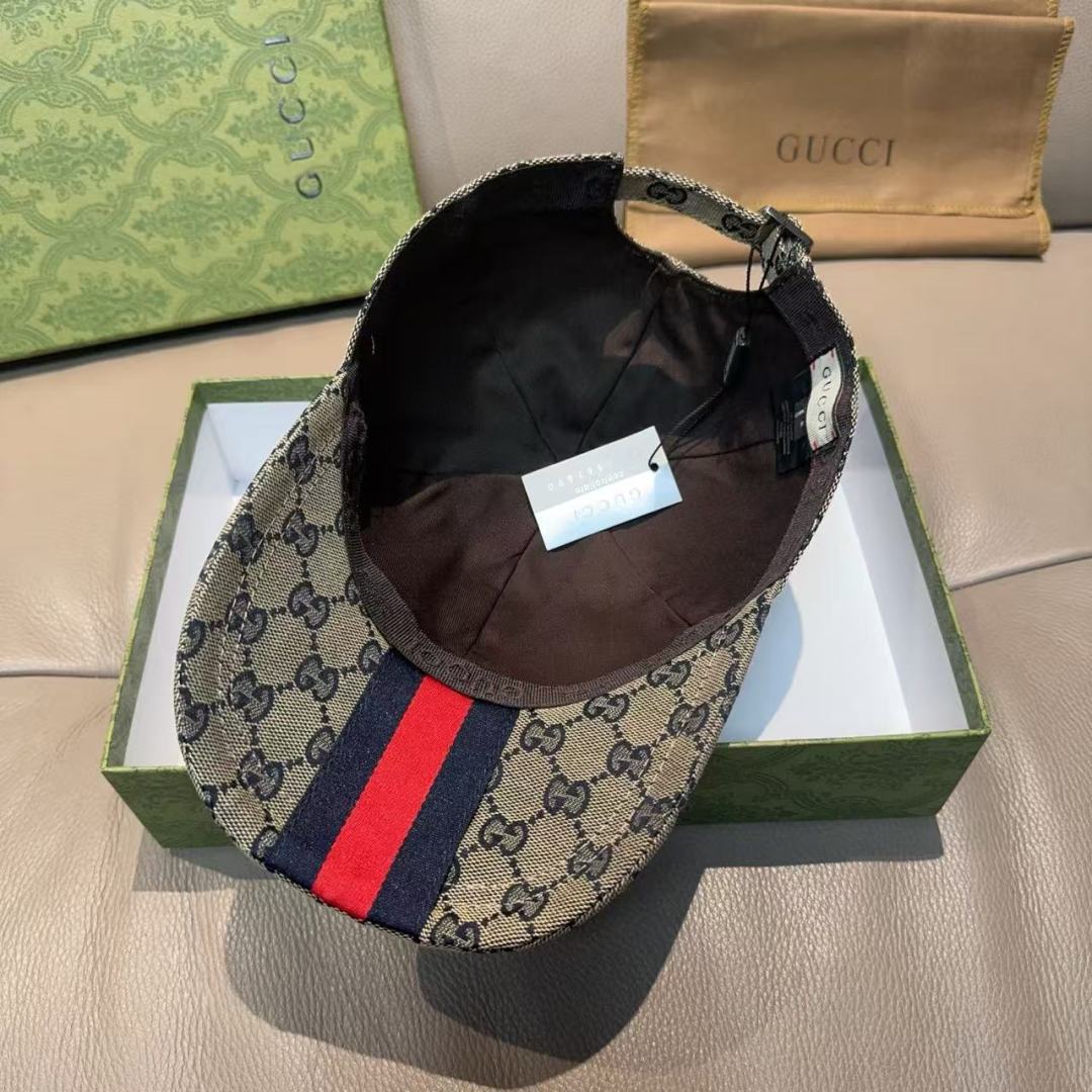 Gucci baseball cap with GG logo pattern and navy red green stripe on brim