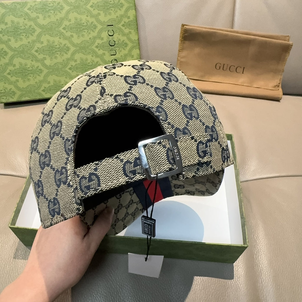Gucci GG-pattern baseball cap close-up with adjustable strap and buckle
