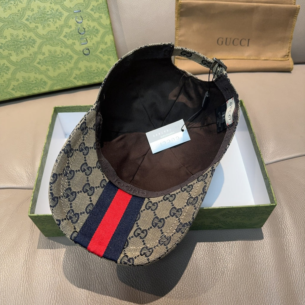 Gucci baseball cap with GG monogram print and navy-red stripe, interior visible