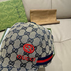 Gucci cap close-up with red GG emblem and navy and red web stripe