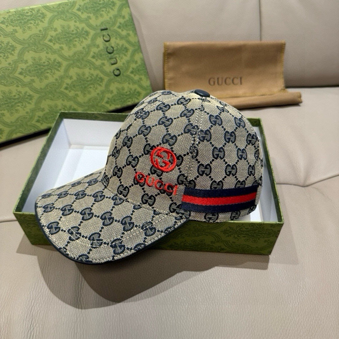 Gucci cap in blue GG canvas with red emblem and navy-red-green web stripe