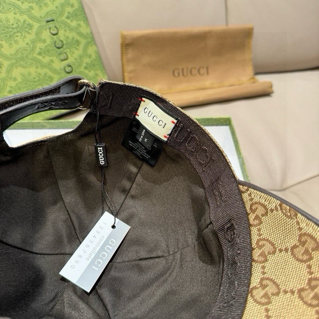 Gucci cap interior view with black lining and brown monogram headband