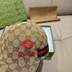 Gucci cap in beige GG canvas with red logo and multicolor web stripe on side
