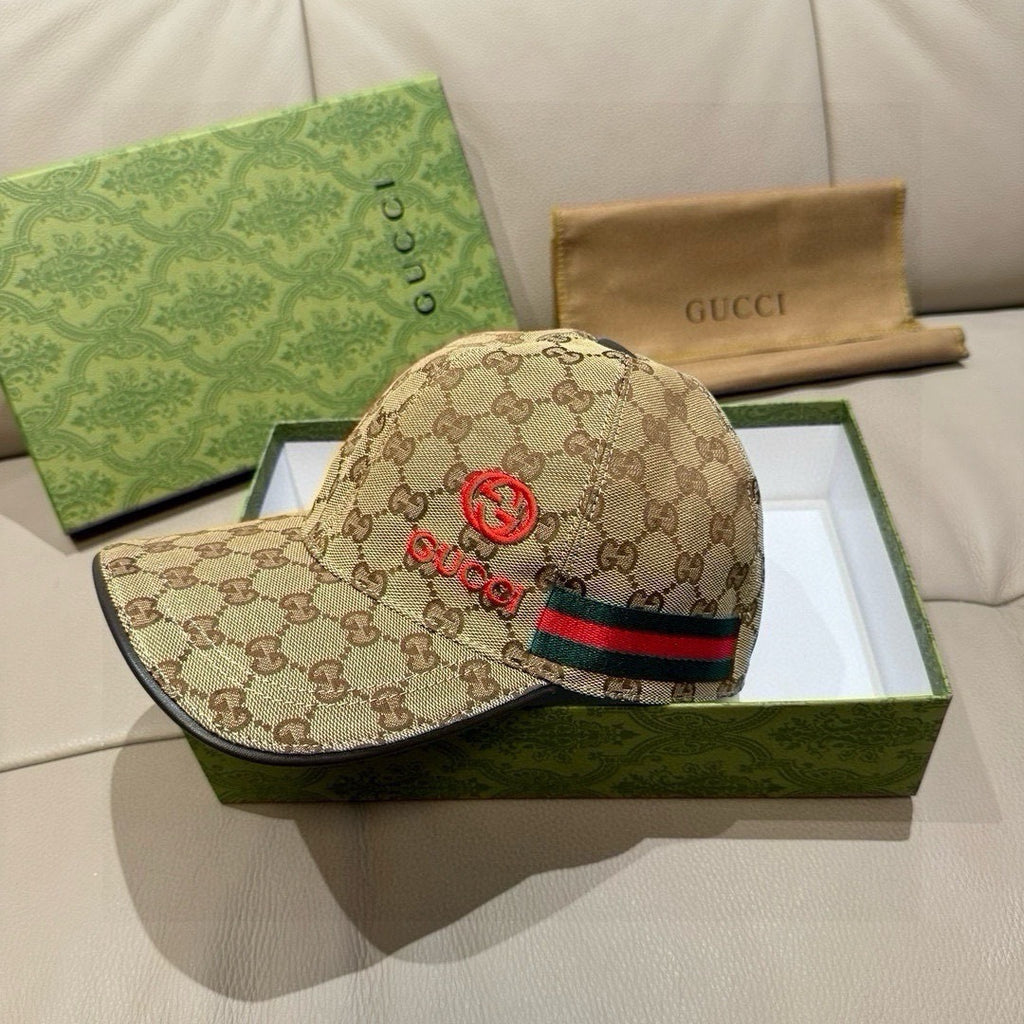 Gucci cap in beige GG canvas with red logo patch and multicolor web stripe detail