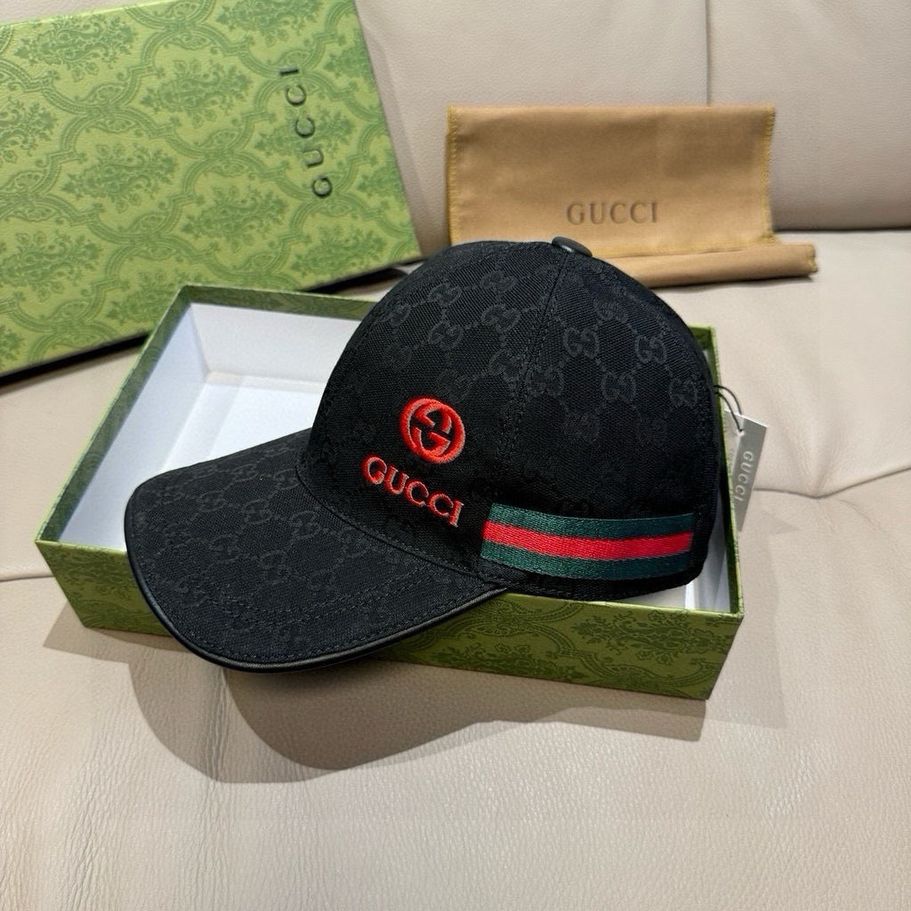 Black Gucci GG monogram cap with red Interlocking G and green-red web stripe
