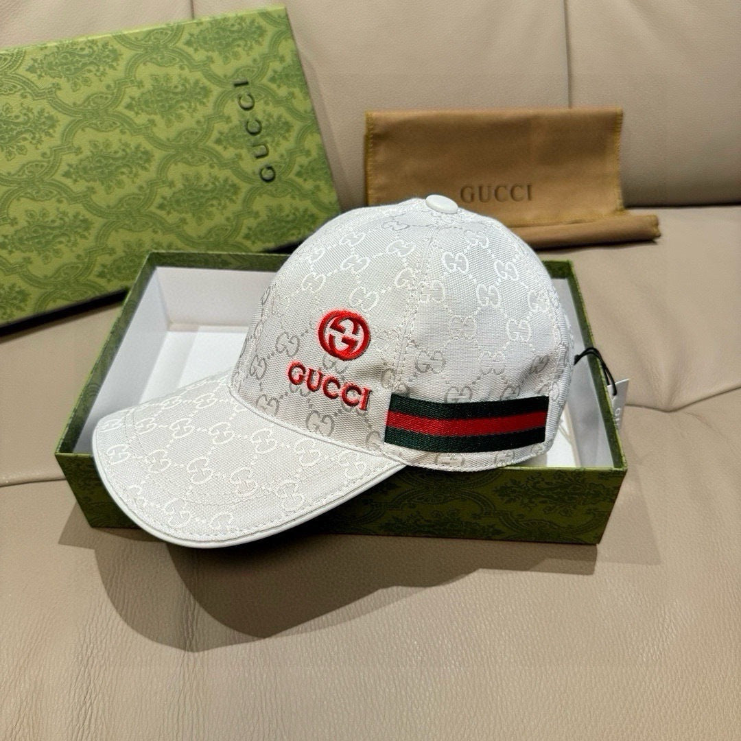 White GG-print baseball cap with red Gucci logo and multicolor web trim band