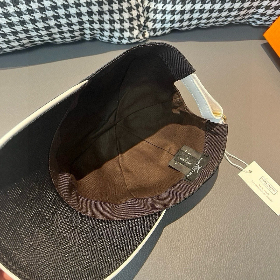 Louis Vuitton cap lining view with brown interior and visible size tag