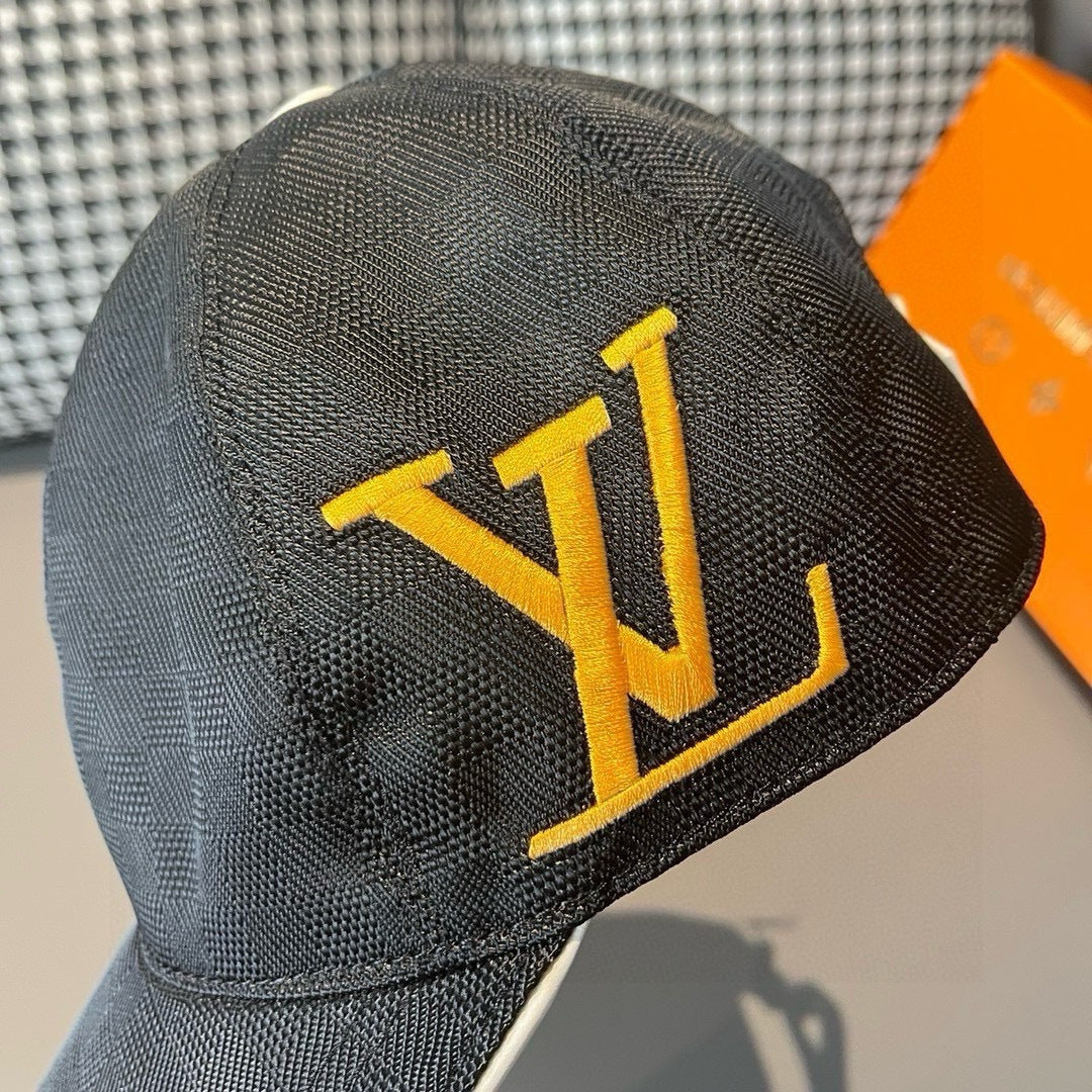 Louis Vuitton cap, dark gray with close-up yellow LV monogram