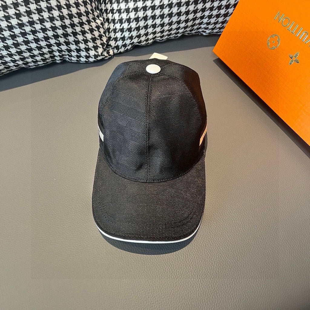 Dark gray baseball cap with white button and curved brim, rear view