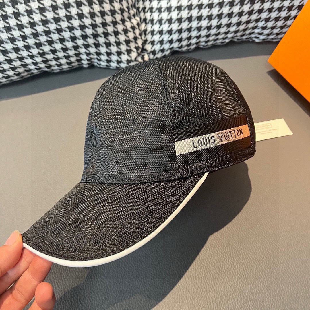 Dark gray baseball cap with white button and white logo band on brim side