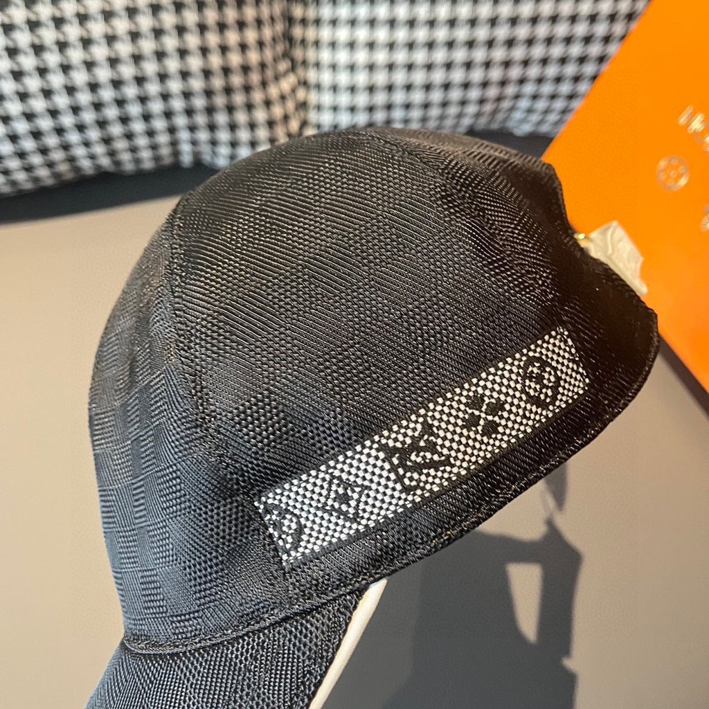 Dark baseball cap with textured fabric and checkered patterned logo band