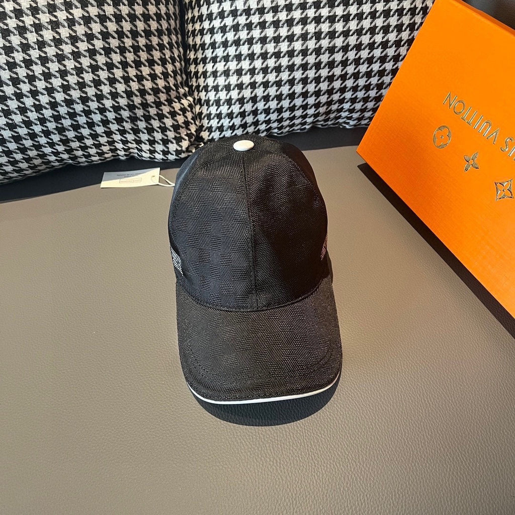 Dark baseball cap with curved brim and small white top button, back view