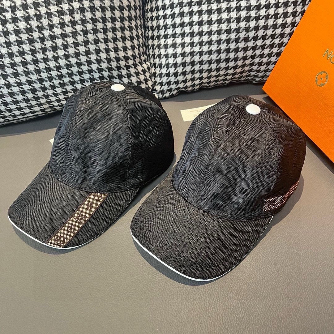 Pair of baseball caps, dark textured fabric, white top buttons, patterned bands