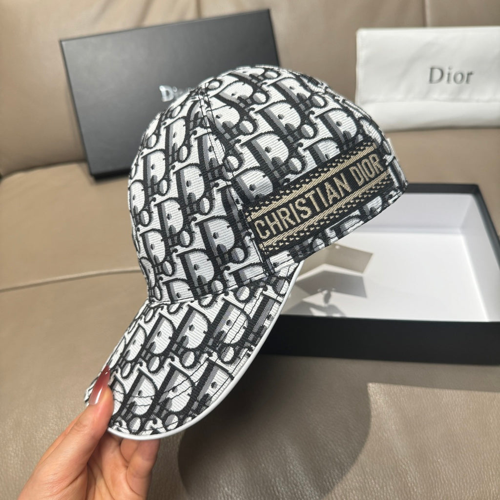 Dior cap, black-and-white monogram pattern with stitched “Christian Dior” band