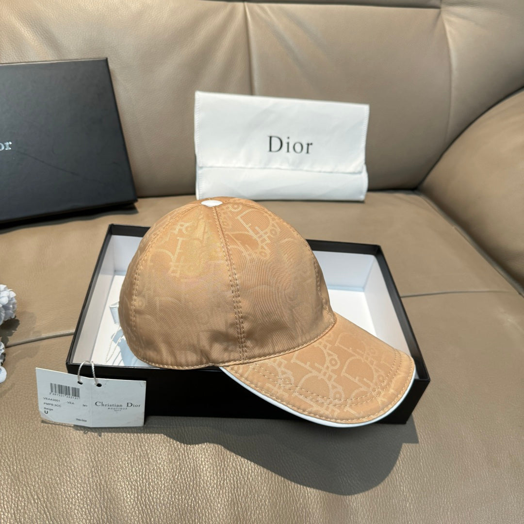 Beige monogram baseball cap with curved brim and small front eyelets