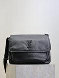 Black textured-leather crossbody bag with front flap and YSL logo emblem