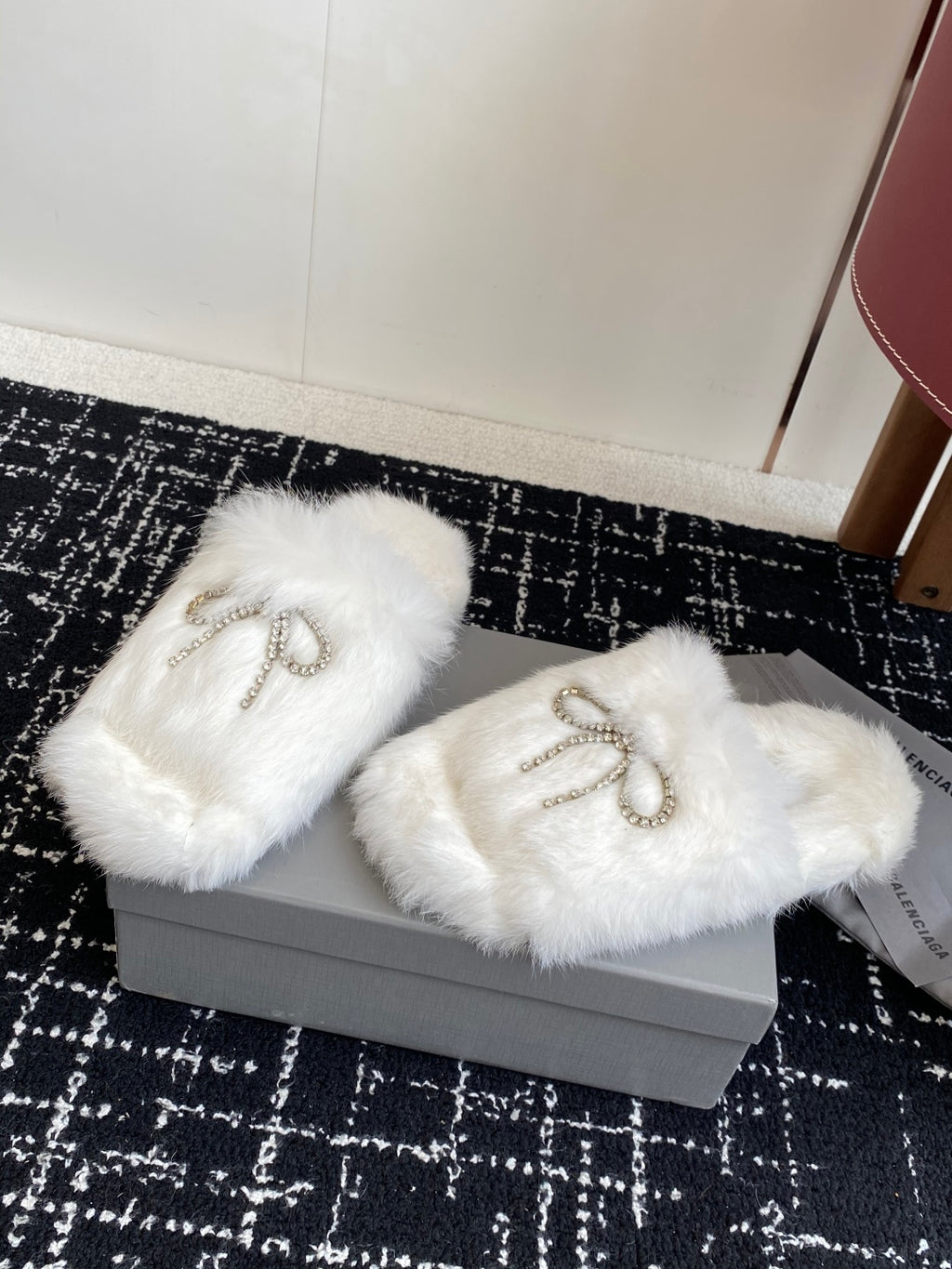 Balenciaga white faux-fur slide sandals with beaded bow logo strap detail