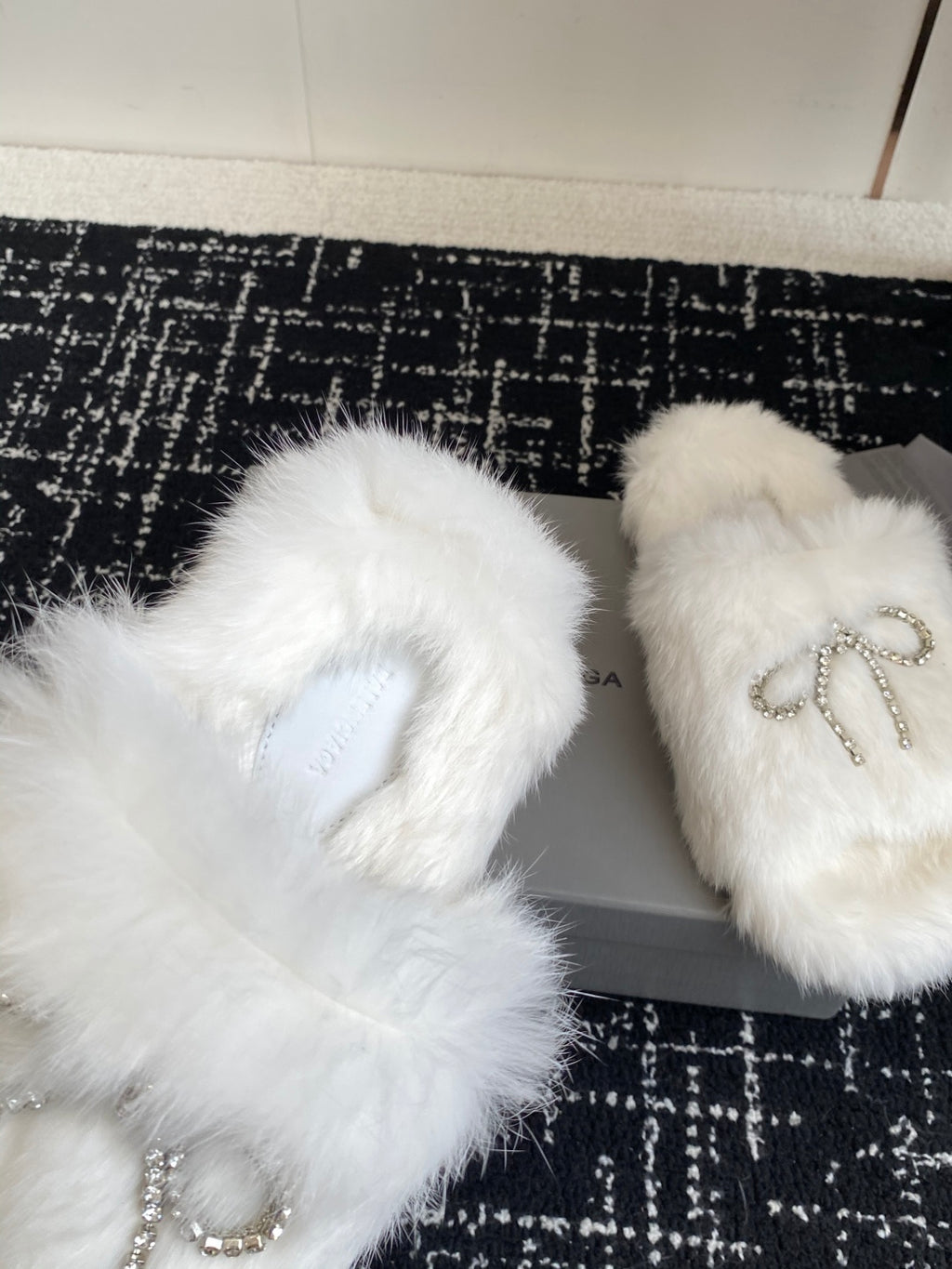 Balenciaga white faux-fur slide sandals with close-up beaded logo bow detail