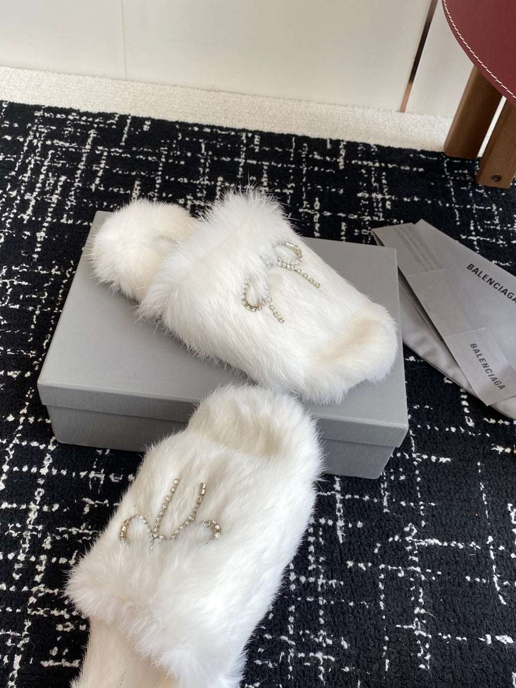 Balenciaga white fuzzy slide sandals with beaded bow chain strap detail