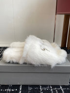 Balenciaga white faux-fur slide sandal with silver-tone bow chain detail