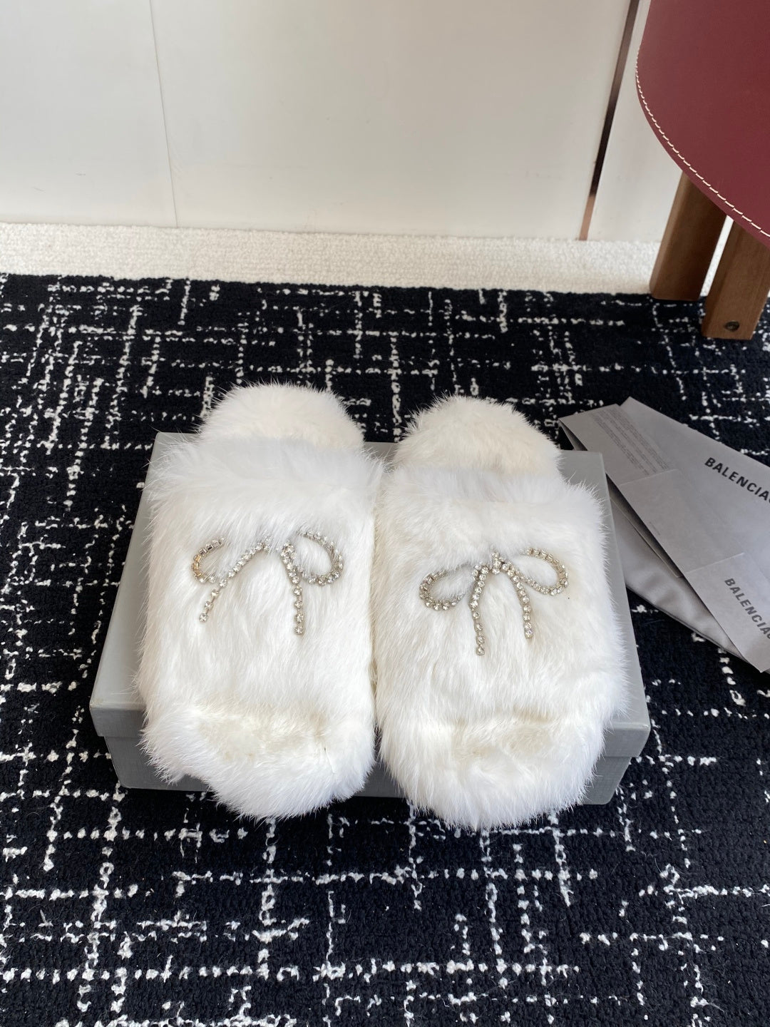 Balenciaga white faux-fur slide sandals with beaded logo bow straps