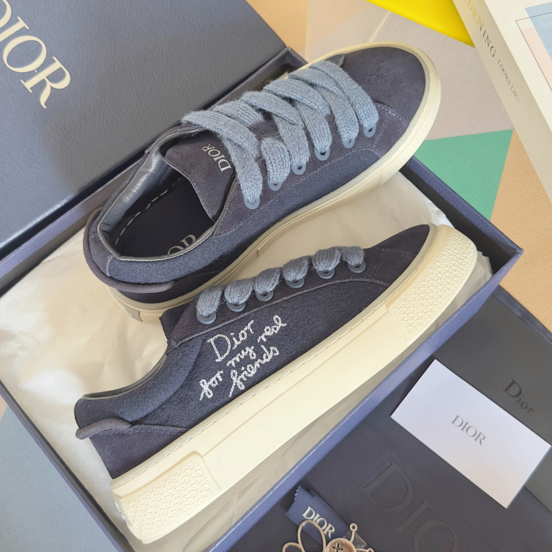Unisex sneakers dark blue suede with light blue laces, embroidered logo, white sole