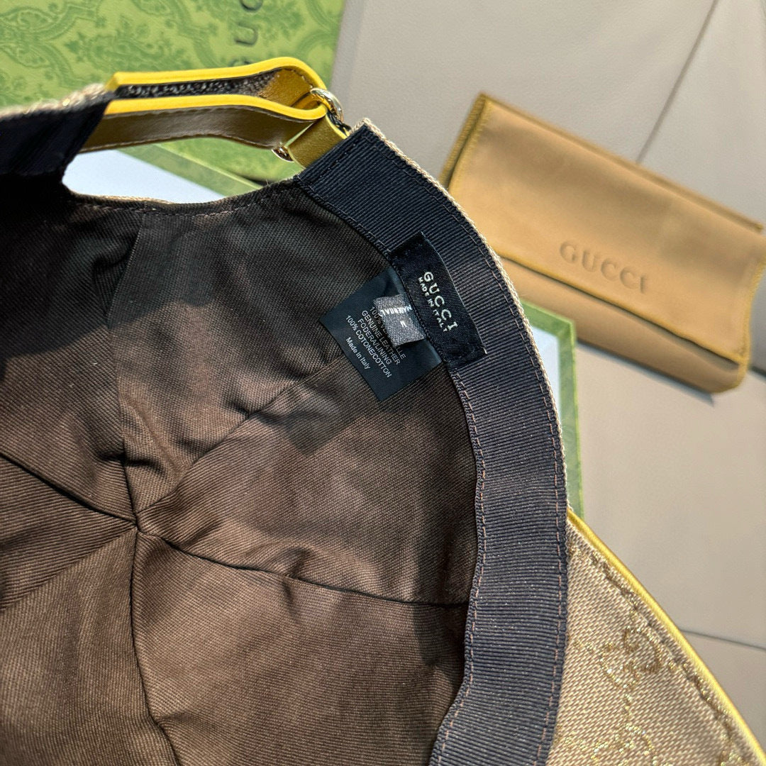 Gucci cap interior view with black lining and label on GG fabric shell