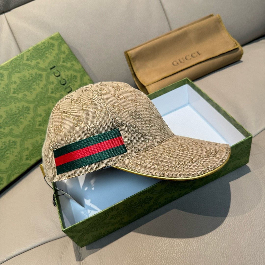 Gucci beige GG canvas cap with multicolor web stripe and gold button detail