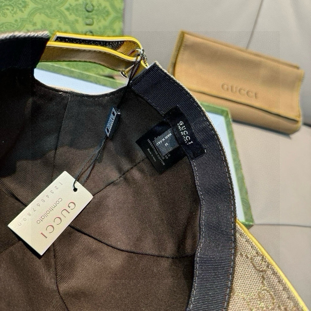 Baseball cap interior with black web trim and Gucci label on inner cap band.