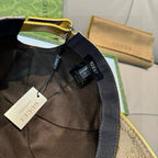 Baseball cap interior with black web trim and Gucci label on inner cap band.