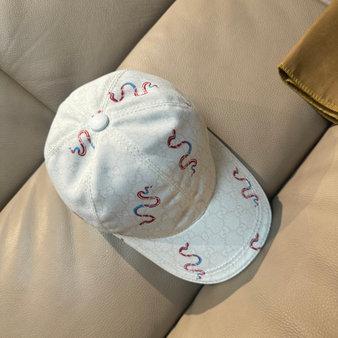Gucci white canvas cap with red and blue snake embroidery, side view
