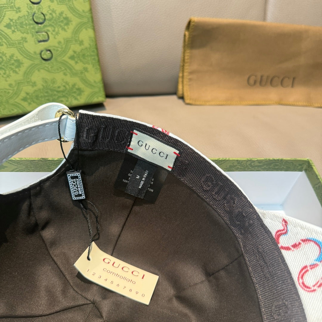 Gucci cap interior with adjustable strap and black lining, hanging tags