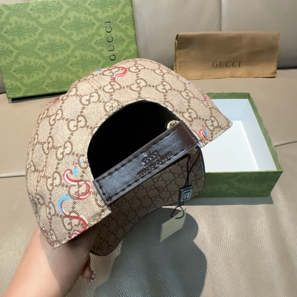 Beige Gucci baseball cap interior view with black lining and hanging tag