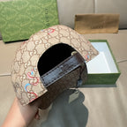 Beige Gucci baseball cap interior view with black lining and hanging tag