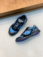 Pair of blue and black athletic sneakers, one front and one side angle